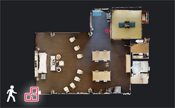 人型のアイコンをクリックして、実際に式場内を自由に歩いているようなウォークスルー体験ができます。